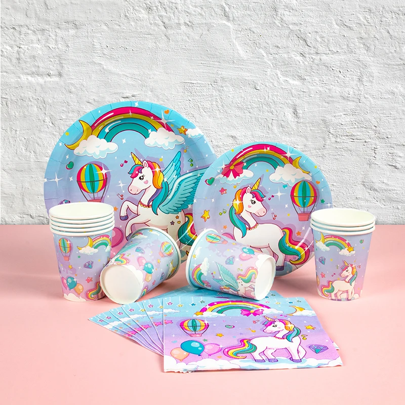 Arc-en-ciel licorne vaisselle jetable assiettes en papier serviettes vaisselle fille licorne thème fête d\'anniversaire bébé douche décorations