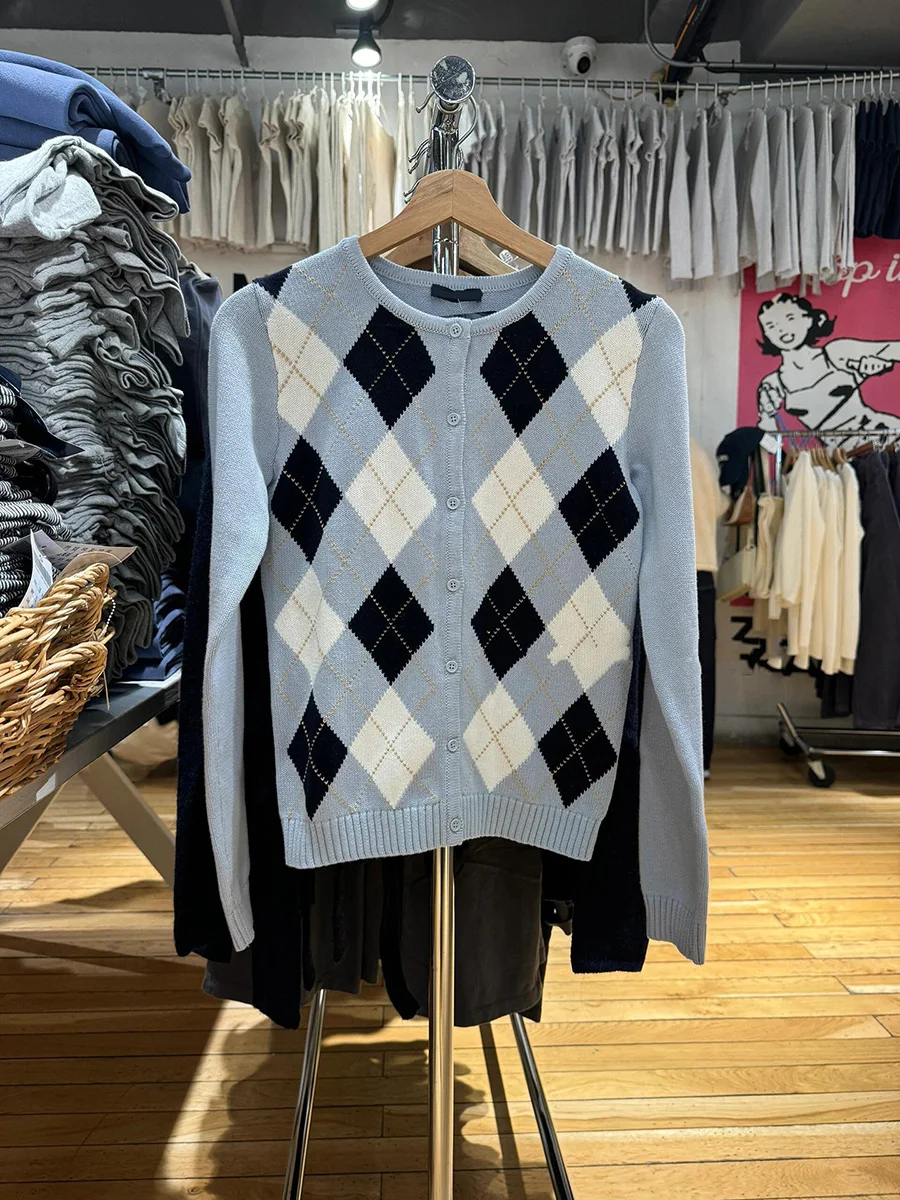 Cardigan de malha fino xadrez irregular feminino outono em torno do pescoço único breasted camisola estilo preppy casual manga longa malhas