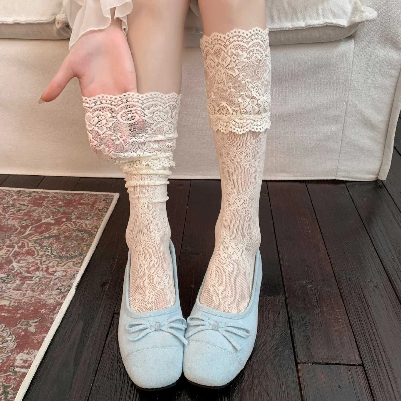 Damenstrümpfe, hohl, sexy, Spitze, Blumenmuster, Netzstrümpfe, kniehohe Socken, JK, Lolita, Rüschensocken, oberschenkelhohe Strümpfe für Damen
