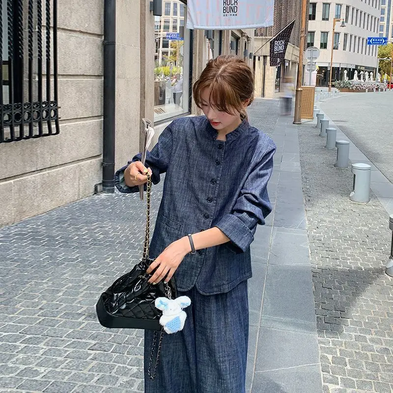 SuperAen moda Vintage Denim camisa de manga larga para mujer 2025 nuevos pantalones casuales de pierna ancha conjuntos de dos piezas