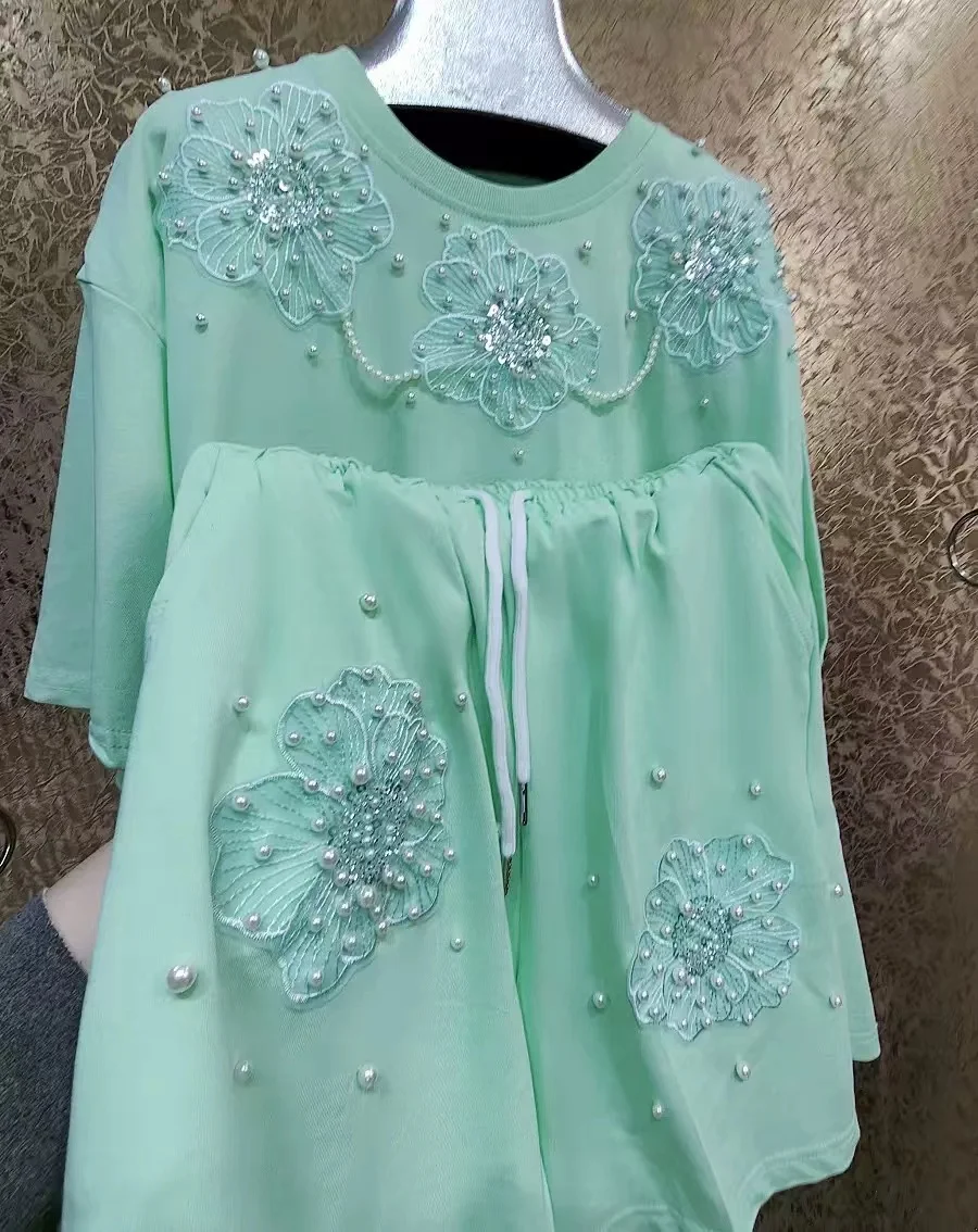 

Beaded Embroidery Summer 2024 Women'sTwo Piece Cotton Set Casual T-Shirt Plus Short Pant Suit New In Short Sleeve Sweet Outfit