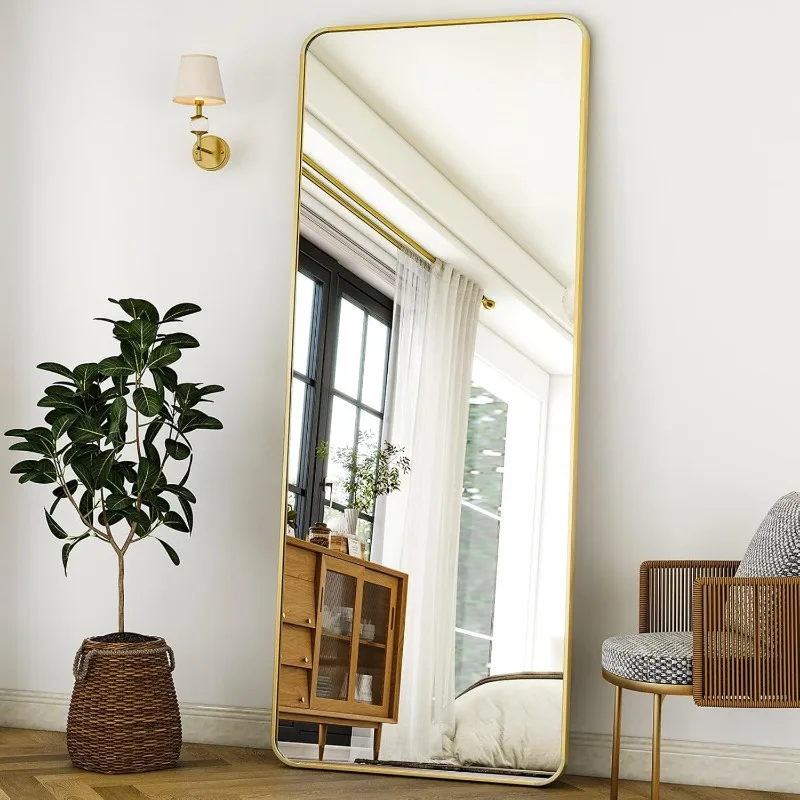 21" x64“ Rounded Full Length Mirror Aluminum Frame Black Mirror Full Length Floor Mirror with Stand for Living Room Bedroom