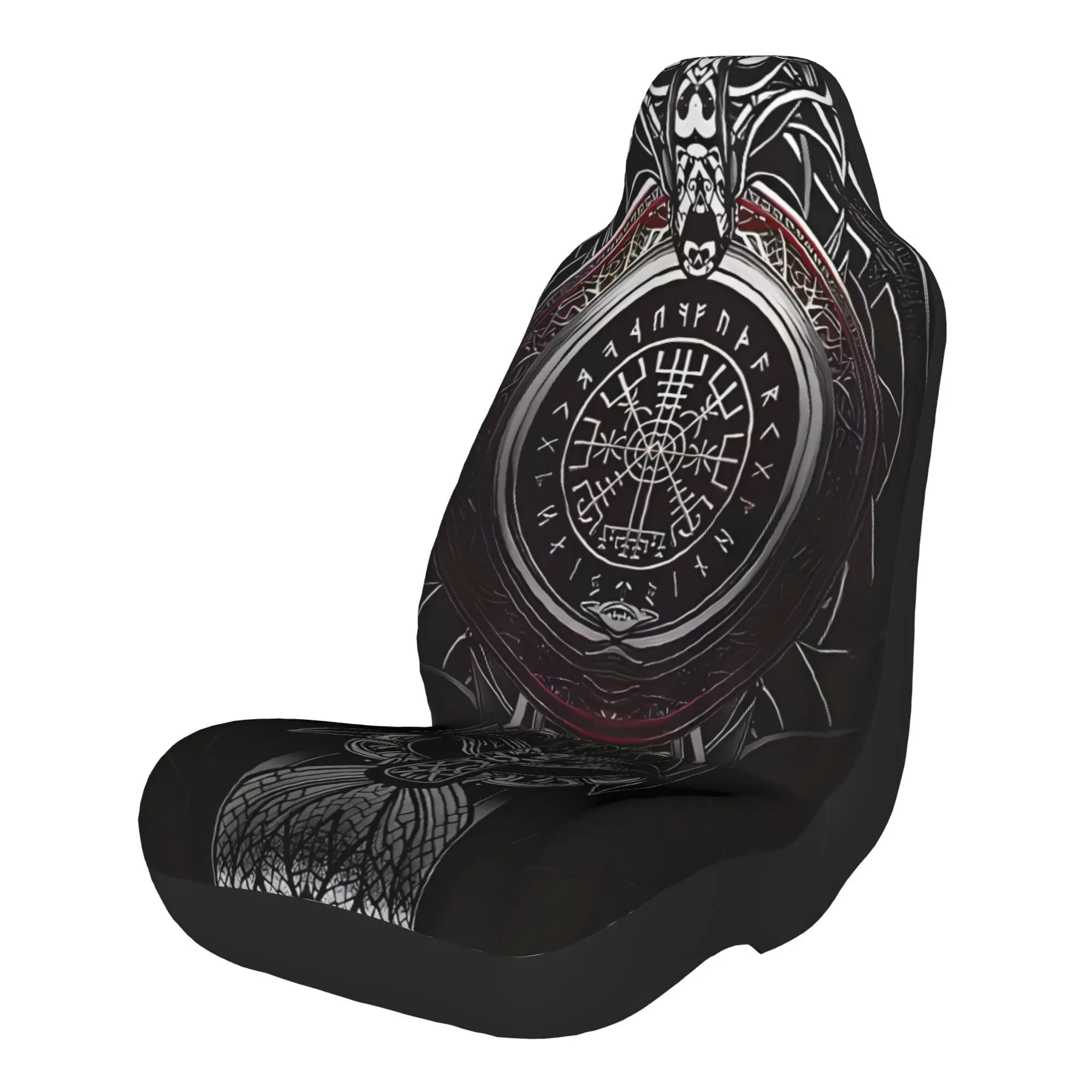 2pcs Viking Symbolism: Helm Of Awe And Odin's Raven In Intricate Norse DesignCar Seat Covers, Suitable For All Vehicles, Christm