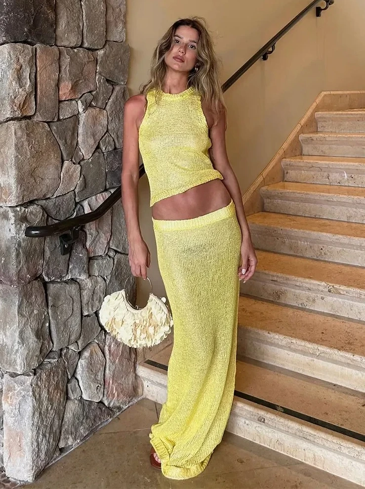 

2026 Summer Women's Two Piece Set, Sexy See Through Shiny Top & Half Long Skirt, Beachwear Swimsuit Cover Up Party Club Outfit