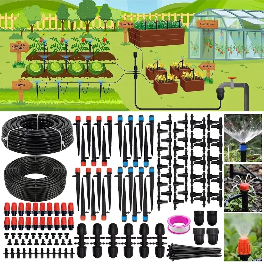 240FT Automatic Drip Irrigation System Kit with 1/2 inch Hose and 1/4 inch Distribution Tubing Accessories for Lawn and Garden