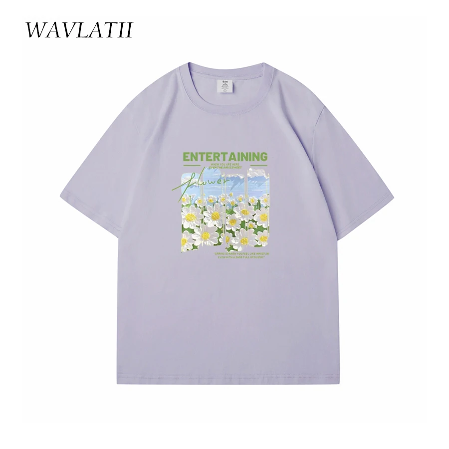 WAVLATII New Women Yellow Flower Printed T shirts Female Casual Cotton Soft Tees Lady Green Short Sleeve Tops for Summer WT2402