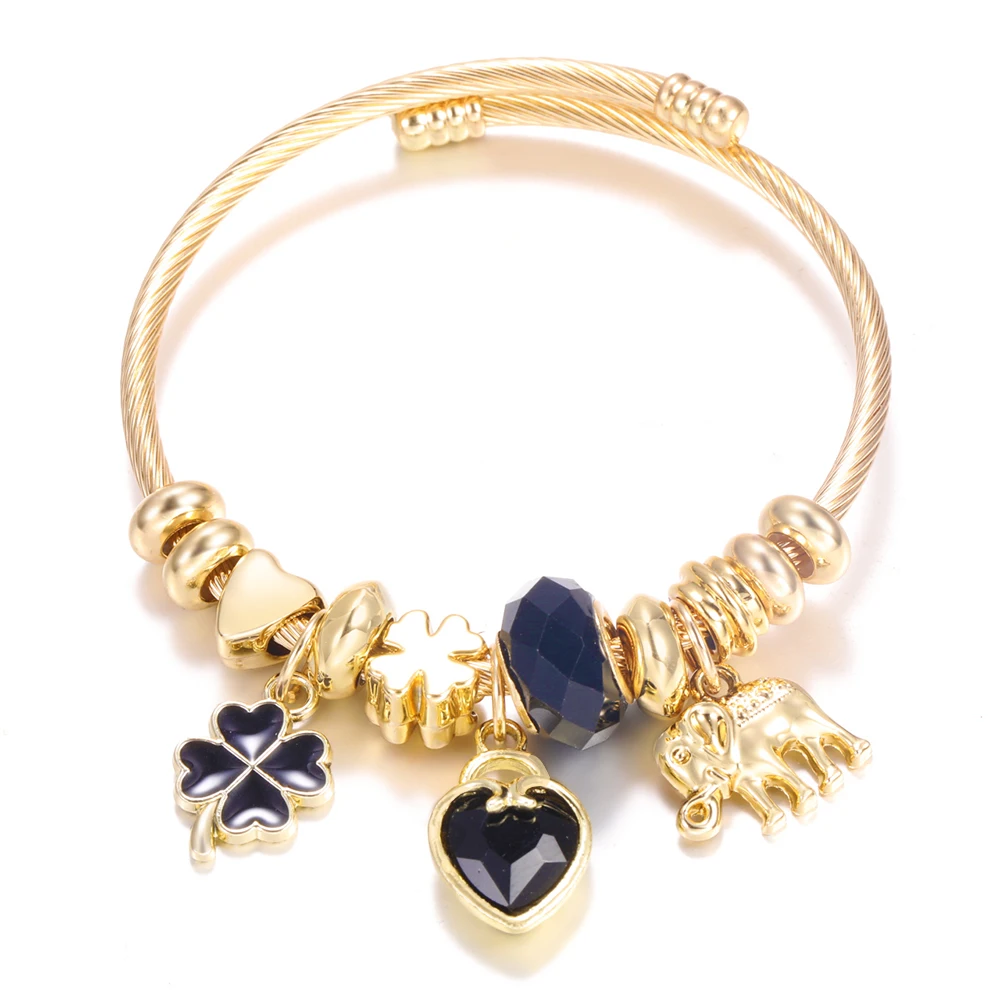 New Trendy 4 Colors Heart Shape Painted Pendant Closure Beaded Bracelet Golden Stainless Steel Women Bracelet 2025 Charm Jewelry