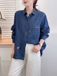 Autumn women's clothes women's denim shirt vintage flowers embroider denim blouses casual long sleeve jean shirt outwear