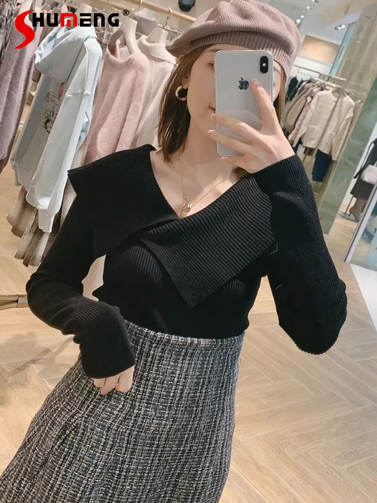 

Autumn Winter New Women's Fashion Casual Turn-Down Collar Sweater Lady Slim Fit Elegant Sweet Knit Pullover Daily Basic Sweater