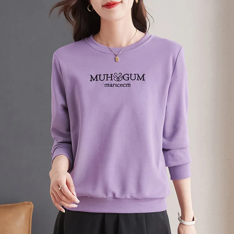 Spring Autumn Women\'s Pullover Round Neck Solid Embroidery Letter Printing Long Sleeve Hoodies T-shirt Fashion Casual Tops