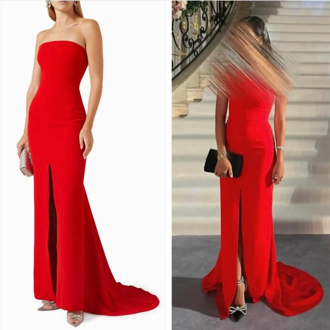 

Customized Long Crepe Red Pink Evening Dress Sheath Strapless Front Slit فساتين سهرة Small Train Prom Dress Abendkleid for Women