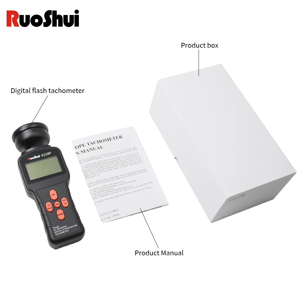 

RuoShui 6238P цифровой тахометр со вспышкой, высокая точность, макс. 40000 об/мин, умный бесконтактный спидометр с ЖК-прибором с подсветкой ﻿