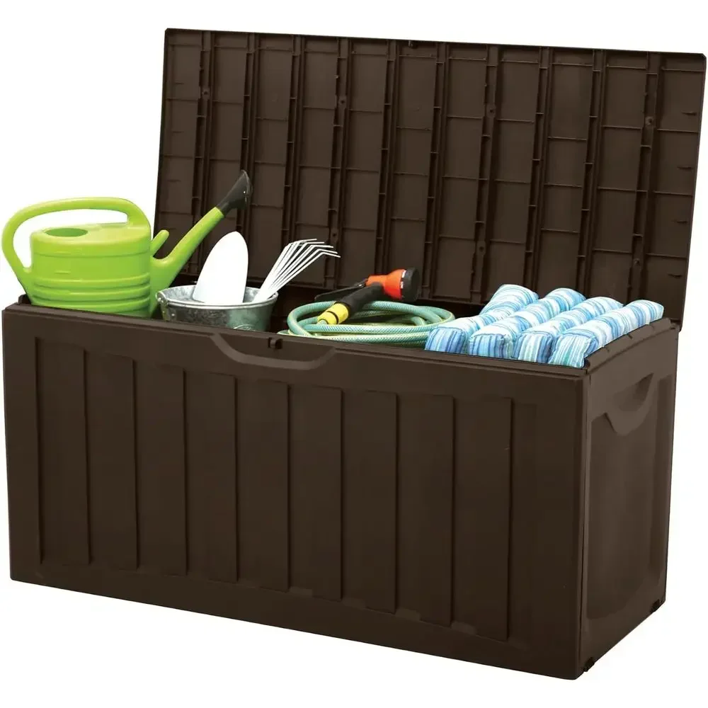 90 Gallon Lockable Outdoor Storage Bin for Deck, Pool Accessories, and Towels in Brown