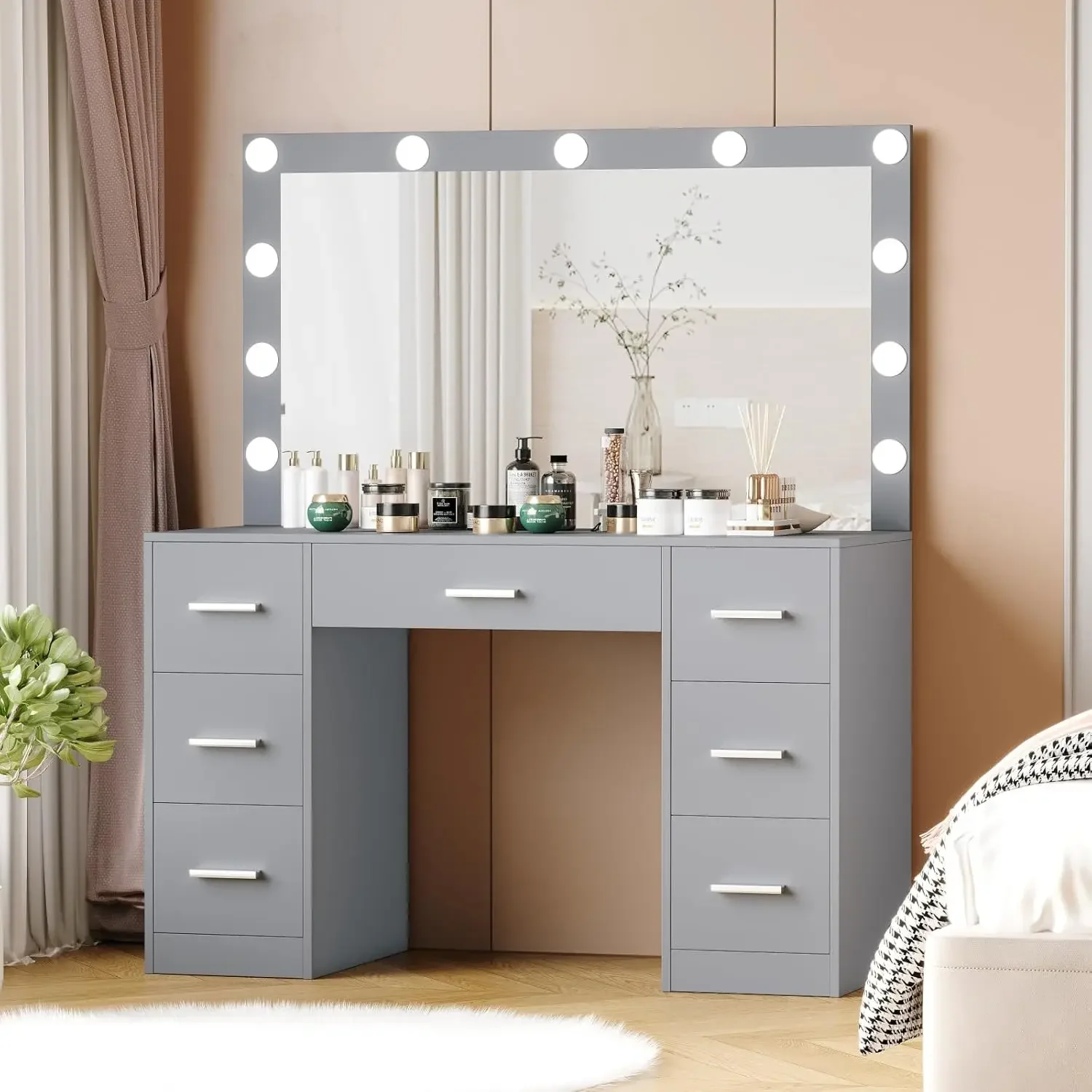 Vanity Table, Makeup Table with Lighted Mirror, 3 Color Lighting Modes, Brightness Adjustable, Dressing Table with Drawers image 2