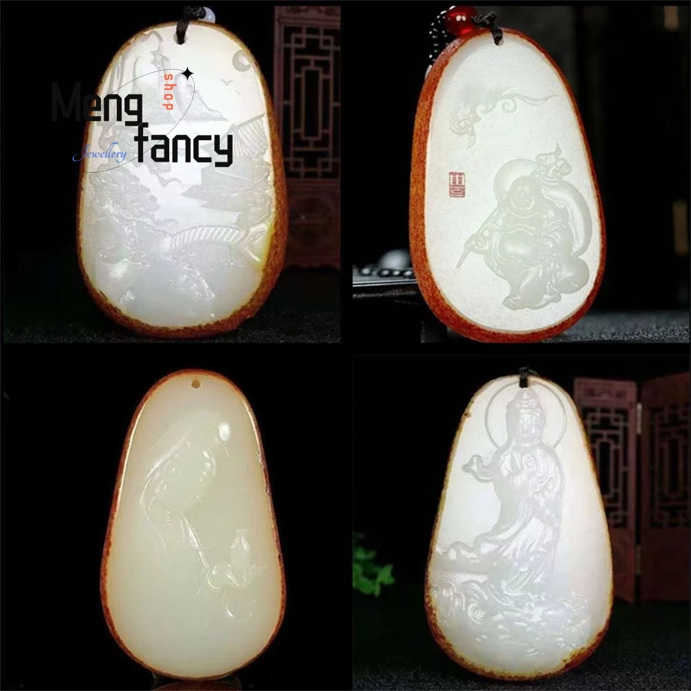 

Natural Afghan Red-skinned White Jade Landscape Guanyin Buddha Pendant Exquisite Fashion Jewelry Buddhist Amulets Holiday Gifts