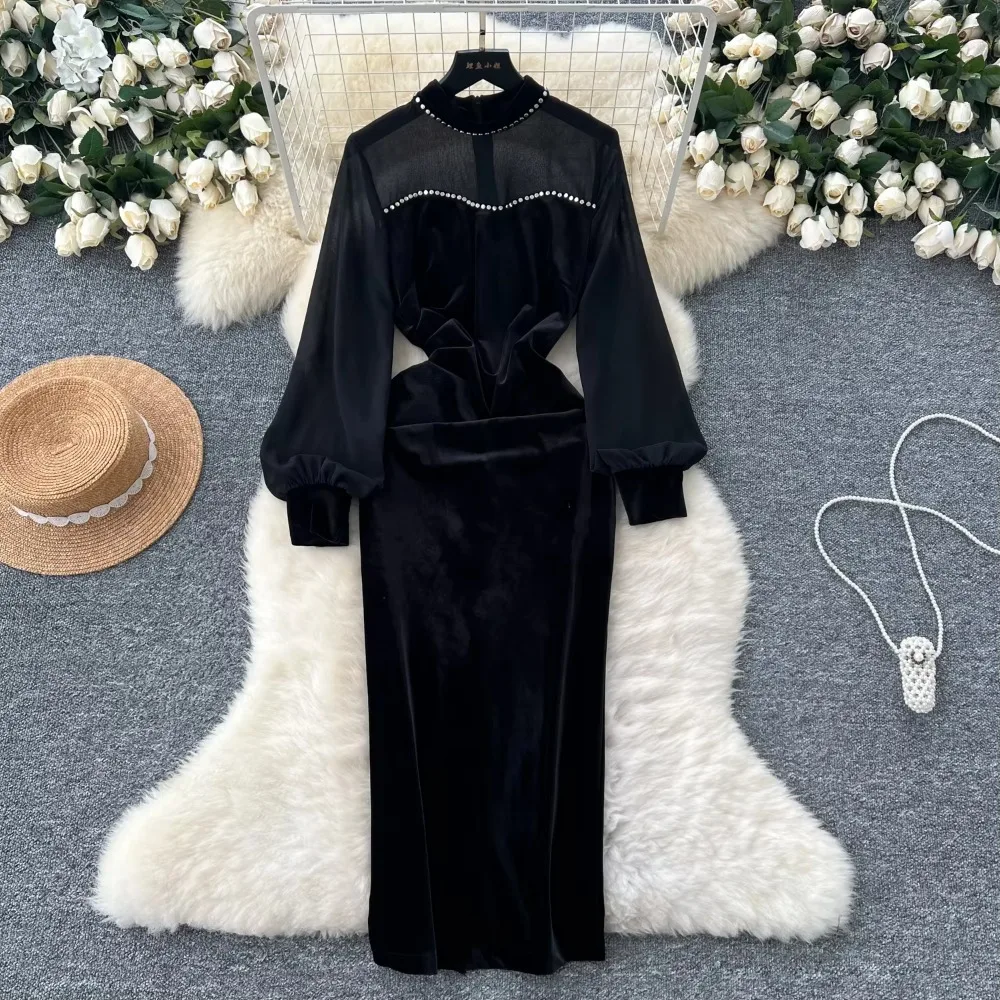 Elegant Stand Collar Vintage Rhinestone Chic Split Slim Mesh Spliced Velvet Dresses French Evening High Street Autumn Clothing