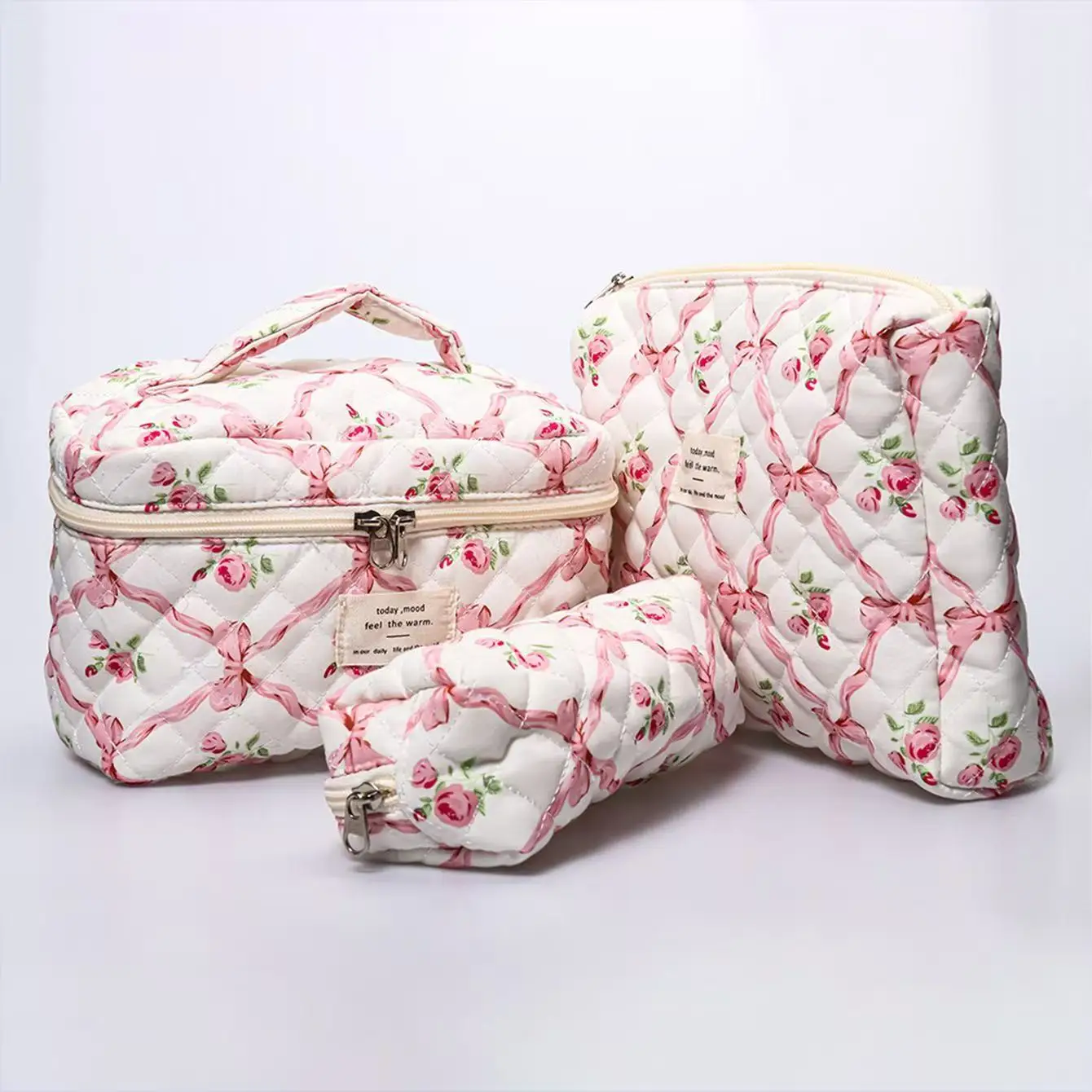

Милая косметичка с бантом и цветочным узором из стеганого хлопка, женская сумка на молнии для макияжа, портативный органайзер для туалетных принадлежностей для девочек
