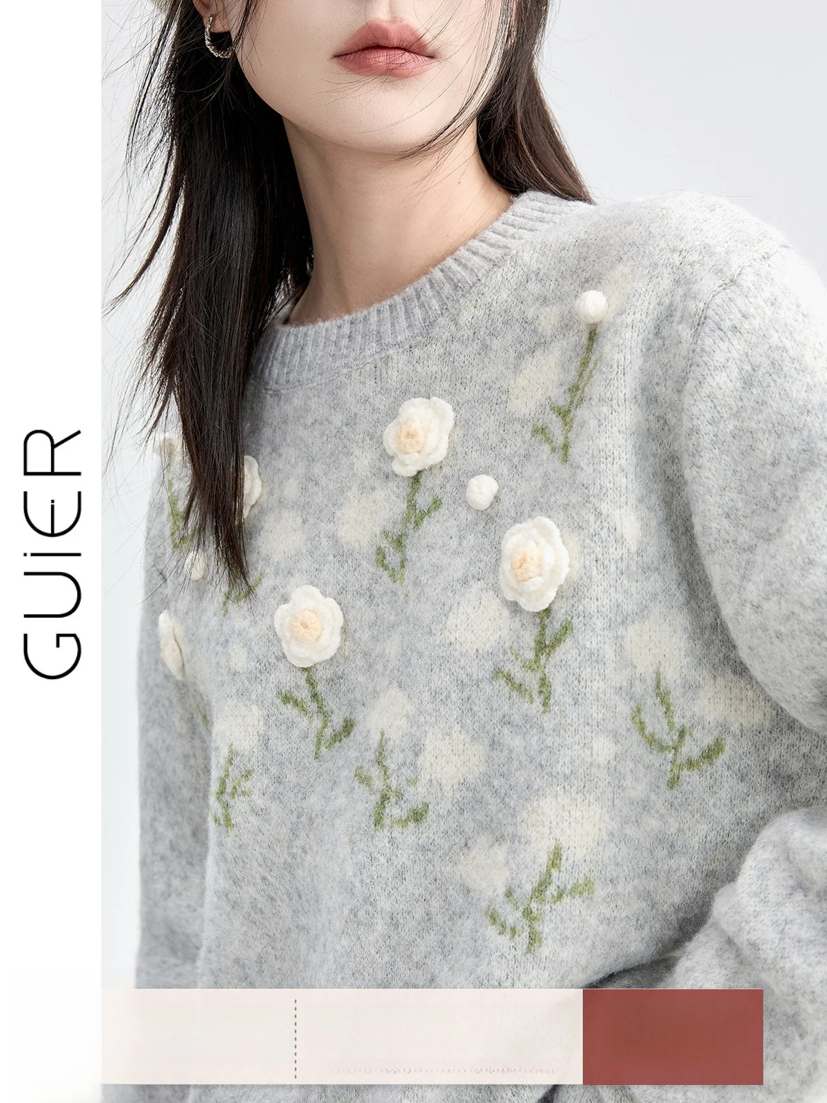 

Guerui Women's Knitted Sweater Fluffy ey Velvet 3D Flowers Soft Warm Winter Top Commute Sle Loose Fit Long Sve round Ne