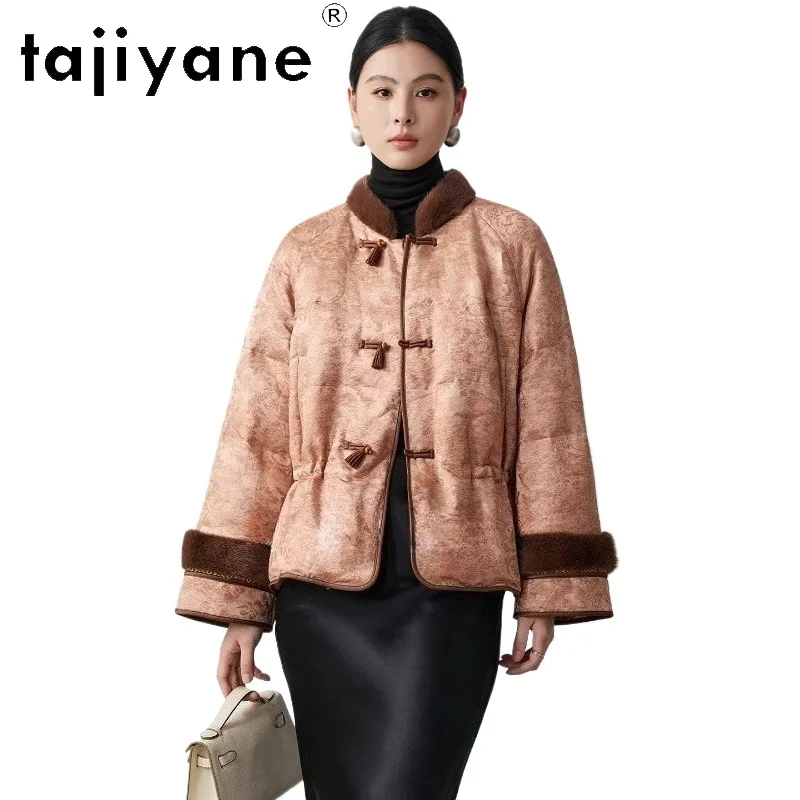TAJIYANE 90% Goose Down Coats with Mink Fur Collar Short Jacquard Jackets Woman Winter Jacket 2025 Women Clothes пуховик женский