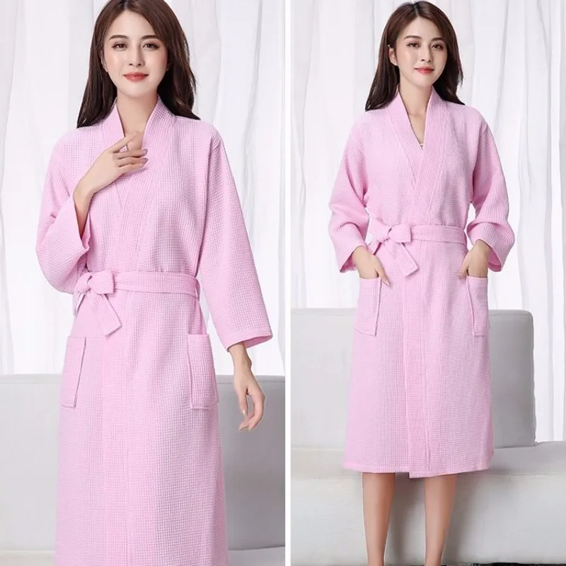 Waffle Bathrobe Short Style Quarter Sleeve Absorb Water Ventilate Night Gown Unisex Loungewear Comfort Cotton Autumn and Winter