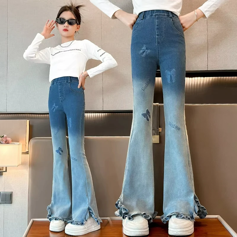 New Teens Girls Jeans Vintage Boot Cut Jeans Kids High Elastic Autumn Novelty Retro Jeans Child For Girl Slim Flare Denim Pants