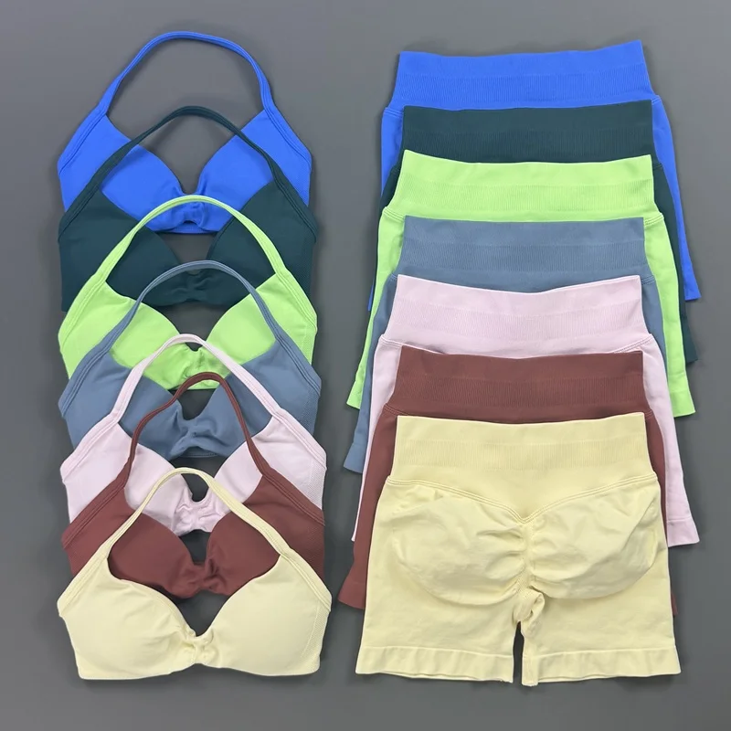 2 Pieces Sports Set Women Halter Yoga Top High Waist Scrunch Shorts Breathable Stretchy Gym Pilates Workout Fitness Suit