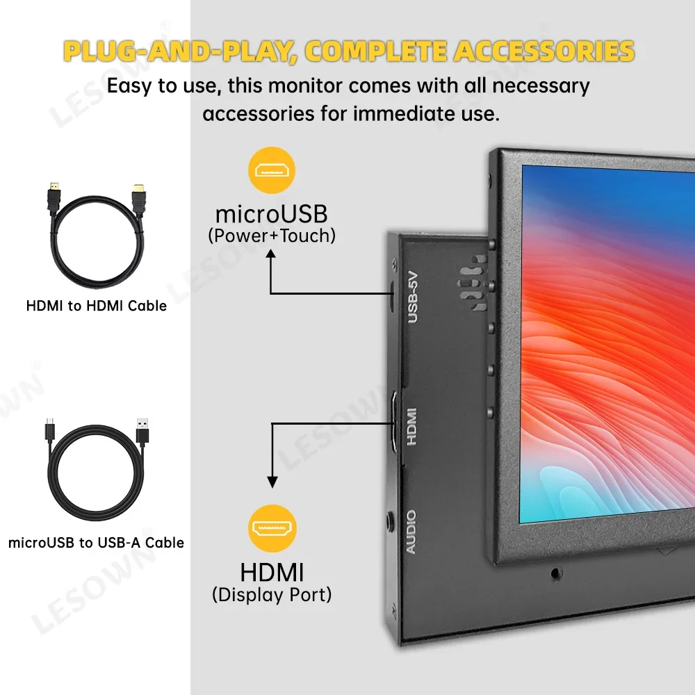 LESOWN 7 inch HDMI Monitor Small LCD Secondary Screen 1024x600 IPS Touchscreen mini Portable Display with Speakers for PC