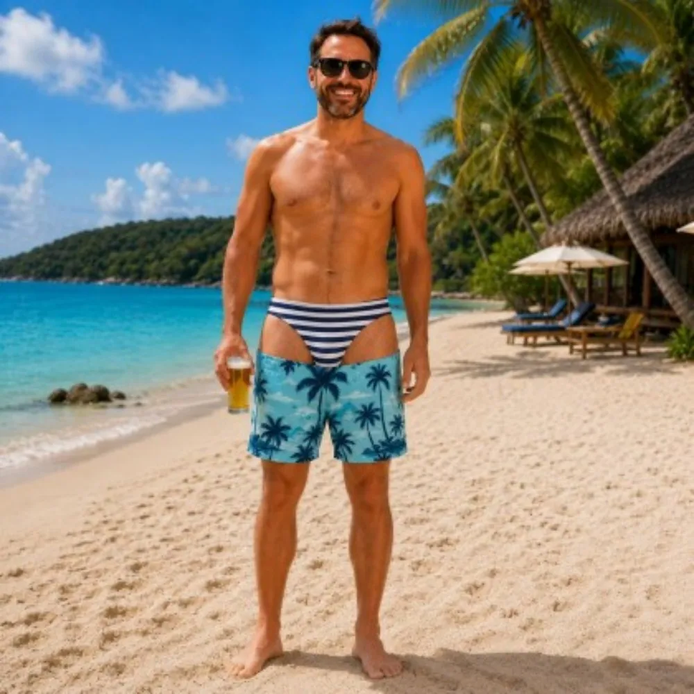 Men's fun swim trunks, stylish quick-drying polyester beach surfing shorts, summer vacation gift.