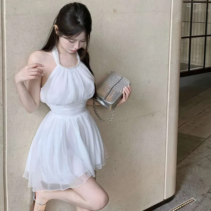 Mini Dresses Women Halter Neck Lace Up Backless Slim Slender Fashion Korean  Fashion A-line Solid Spaghetti Strap Elegant Chic - AliExpress 200000345