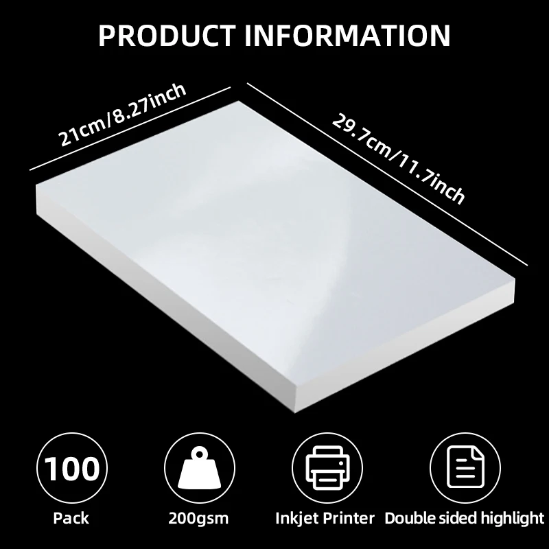 100 sheets of photo paper, 21 x 29.7 cm, glossy double-sided, 200g, photo paper glossy cardstock for inkjet printers