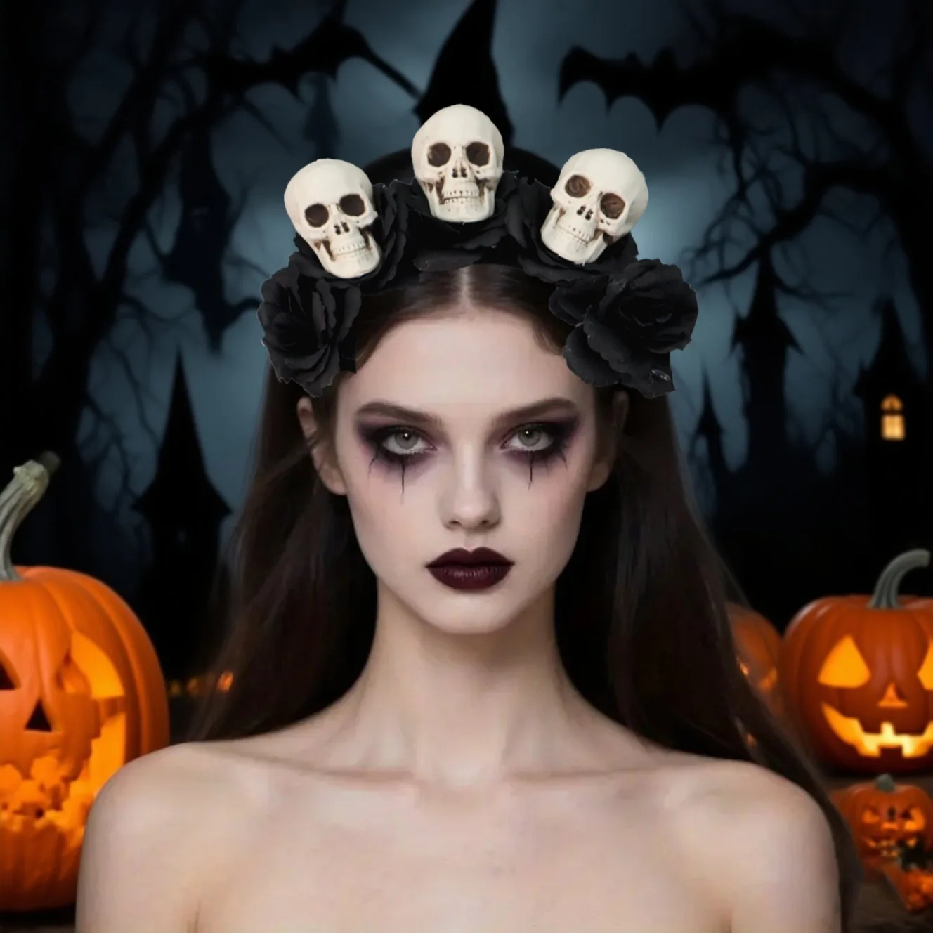 Halloween Trendy Personality Dark Dress Skull Death Rose Headwear Headband Hair Accessories Bat