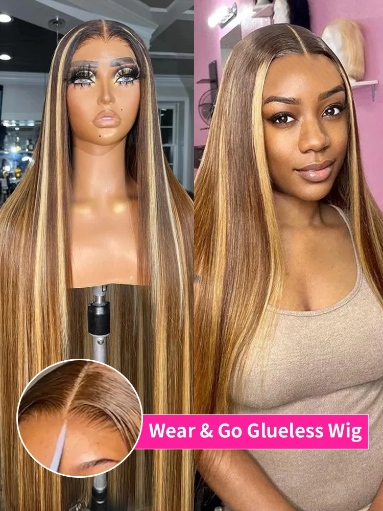 Ombre Honey Blonde Straight Lace Front Wig Wear Go Glueless Wig Human Hair Colored Highlight 13x6 HD Lace Frontal Wig 30 34 Inch