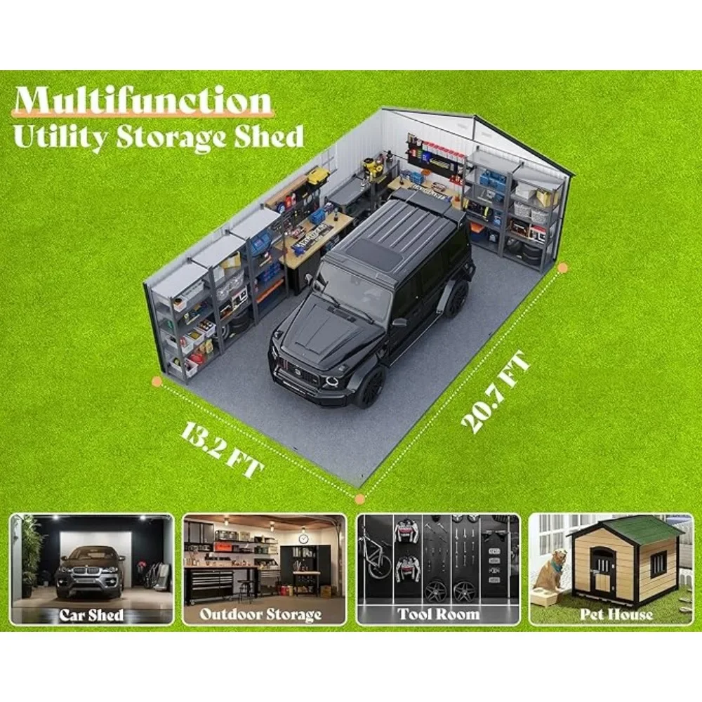 سقيفة تخزين خارجية كبيرة مقاس 13.2 × 21 × 8 قدم، سقيفة جراج معدنية ضخمة مع بابين بمفصلات مزدوجة و4 نافذة، ومنافذ لدراجة شاحنة السيارة