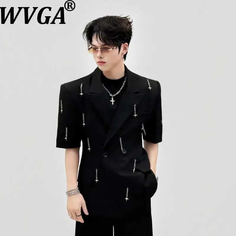 WVGA Summer New Men Double-breasted Short-sleeved Blazer Metal Tassel Chain Shoulder Pads Ncihe Chic Casual Pants Set Ins W25250