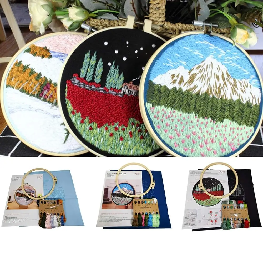 

3 Sets Embroidery Starter Kit with Pattern and Instructions,Cross Stitch Beginner Kits with Frame,3 Plastic Embroidery Hoops