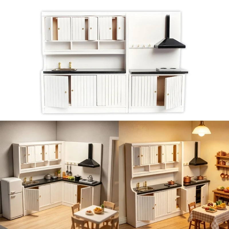 Wooden Miniature Kitchen Cabinet with Multiple Fronts, Open Compartments, Countertops, Sink, and Cooktop Features for