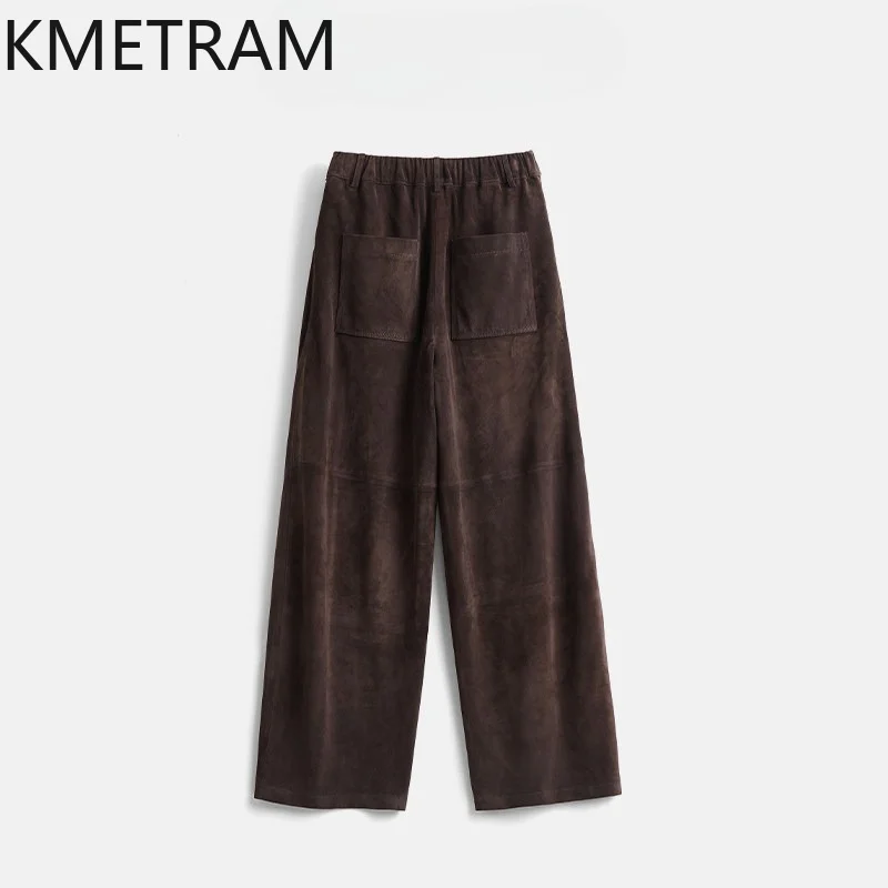 KMETRAM Crossbreed Sheep Suede Genuine Leather Pants Baggy Straight Winter Pants for Woman High Waist Long Trousers 104cm 여자바지