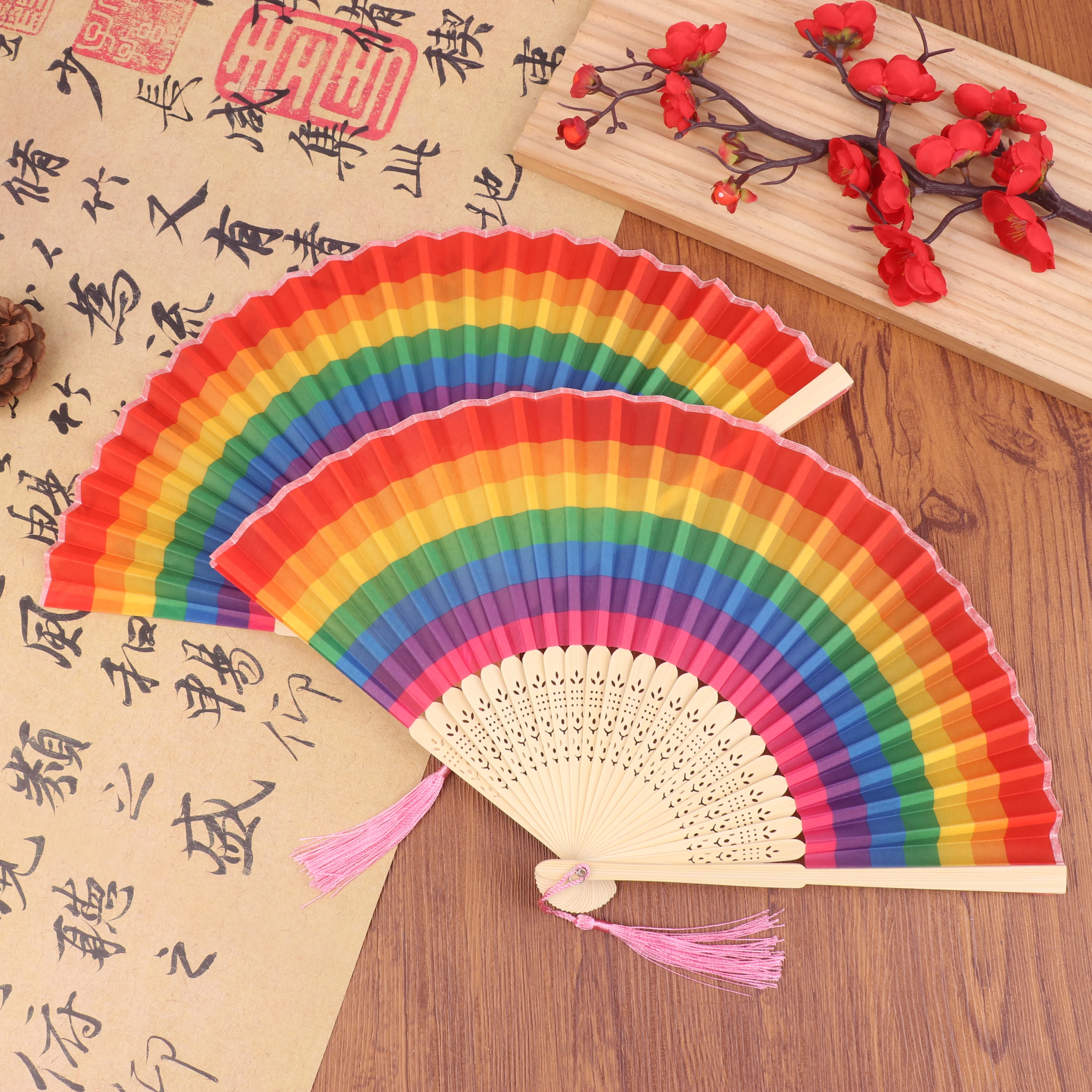 Spanish Large Foldable Hand Fan Portable Rainbow Handheld Folding Fan For Dance Art Dancer Wedding Decor Gift Kid Festival 2Pcs