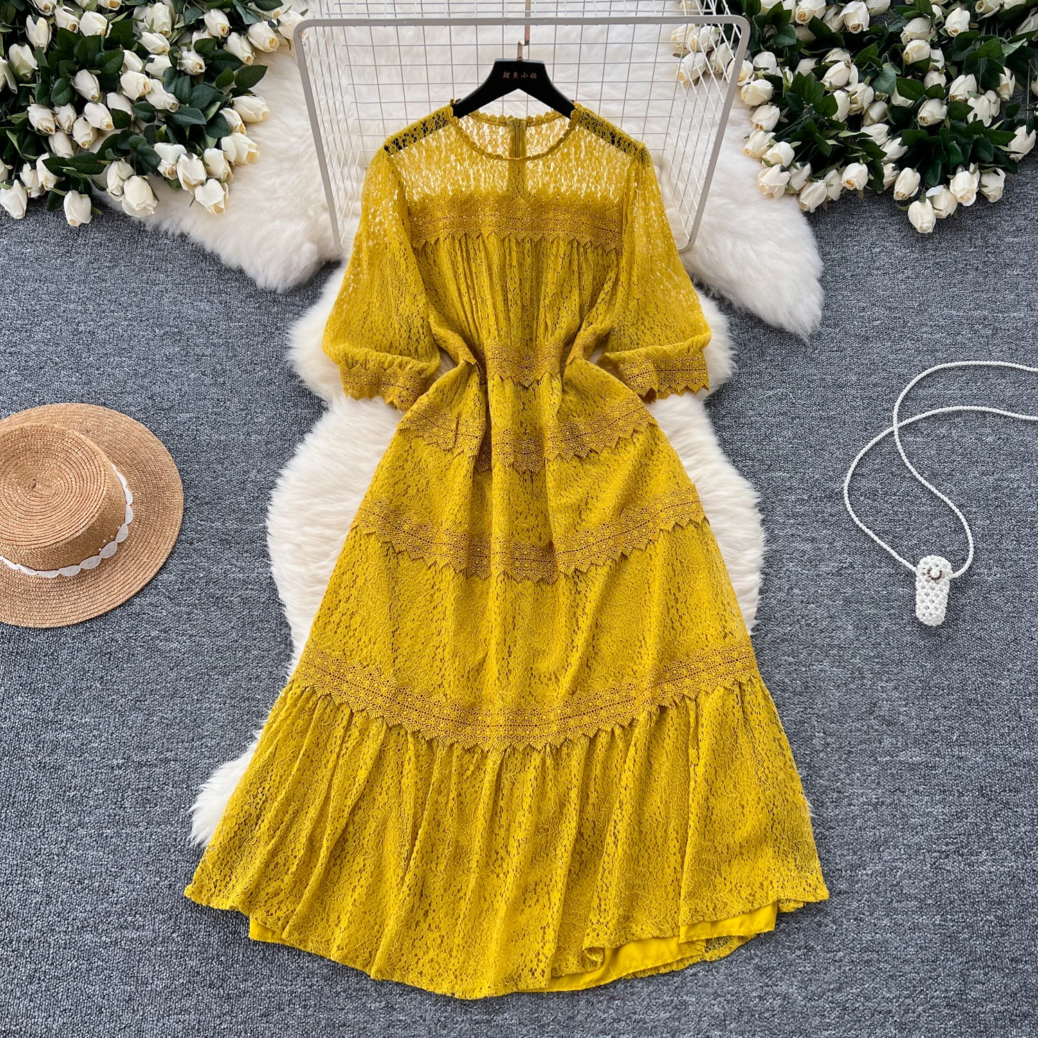 

Elegant Chic sweet lace Embroidery o neck short sleeve Dress A-line Casual lool Sleeve Spring Summer Vacation dresses