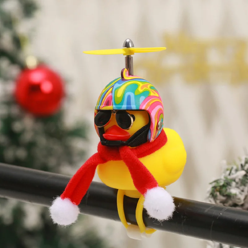

Cycling Car Dashbord Yellow Rubber Duck Ornament with Scarf Propeller Bike Duckling Bell Motorcycle Riding Winter Festival Decor
