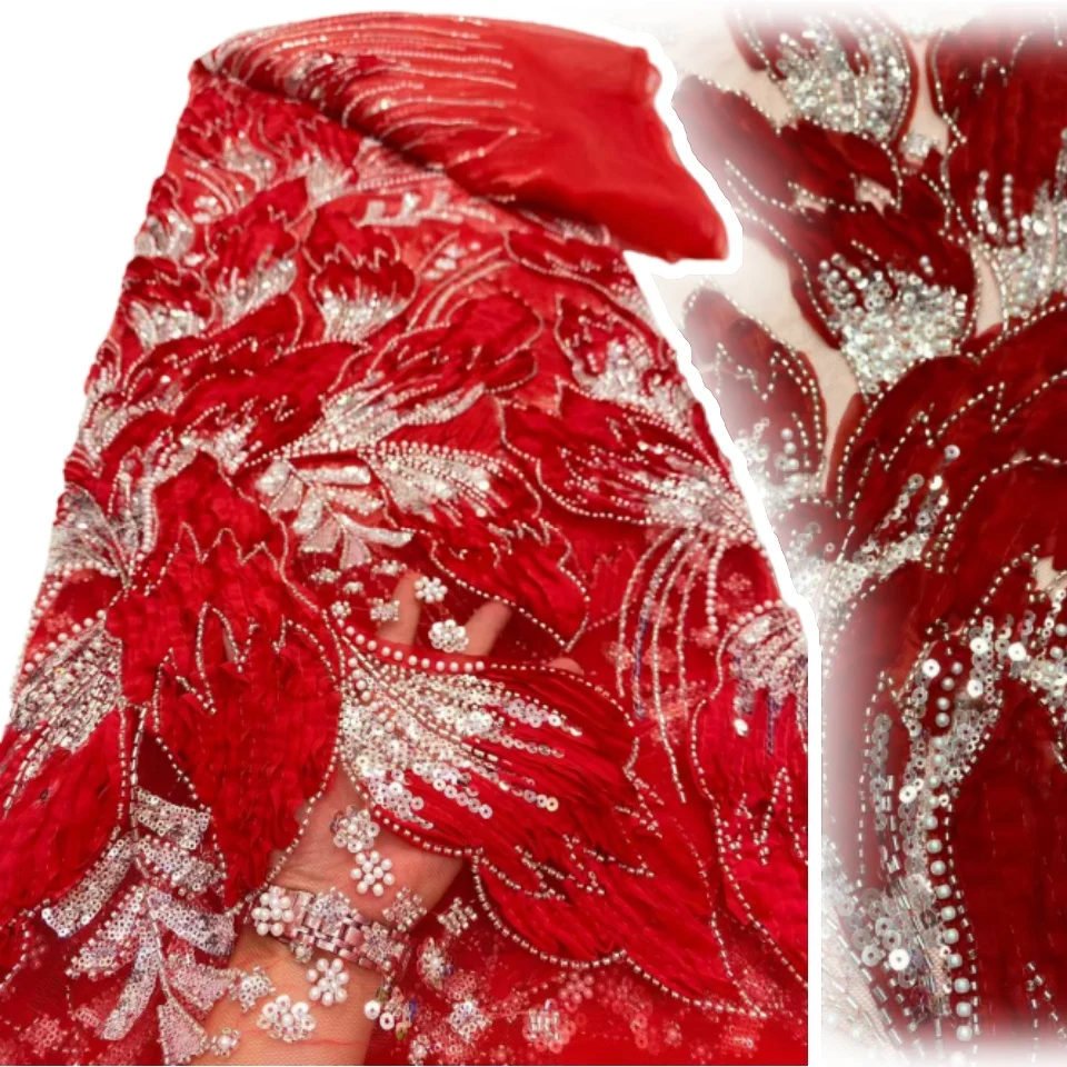 

Африканская вышивка бисером, кружевная ткань 2025, роскошная африканская жемчужина, французский тюль с блестками, кружевная ткань для шитья свадебного платья CC1752