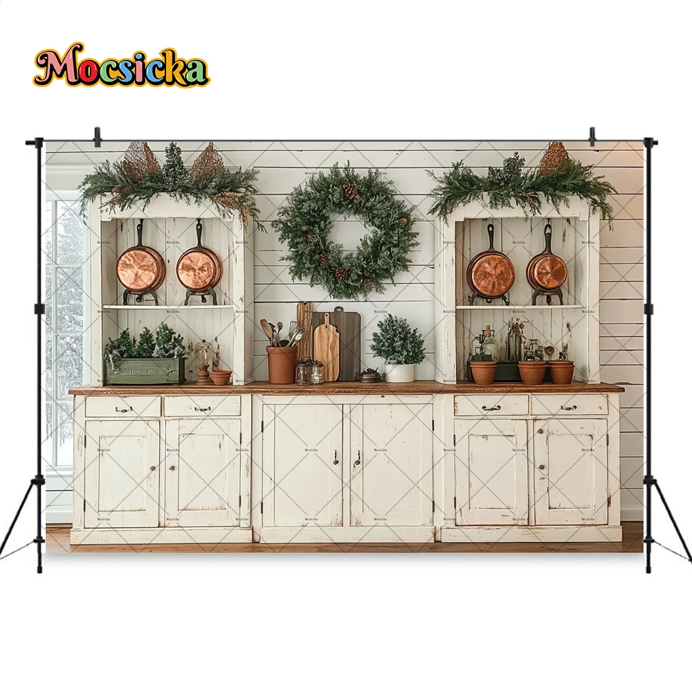 White Christmas Kitchen Background Photography Green Xmas Wreath Cabinets Rustic Wooden Backdrop Family Kids Photoshoot Studio