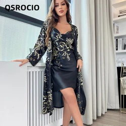 QSROCIO Women's Pajamas Robe Set Silk Like Homewear Deep V Neck Sling Dress Luxury Floral Print Bathrobe 2pcs Home Clothes Femme