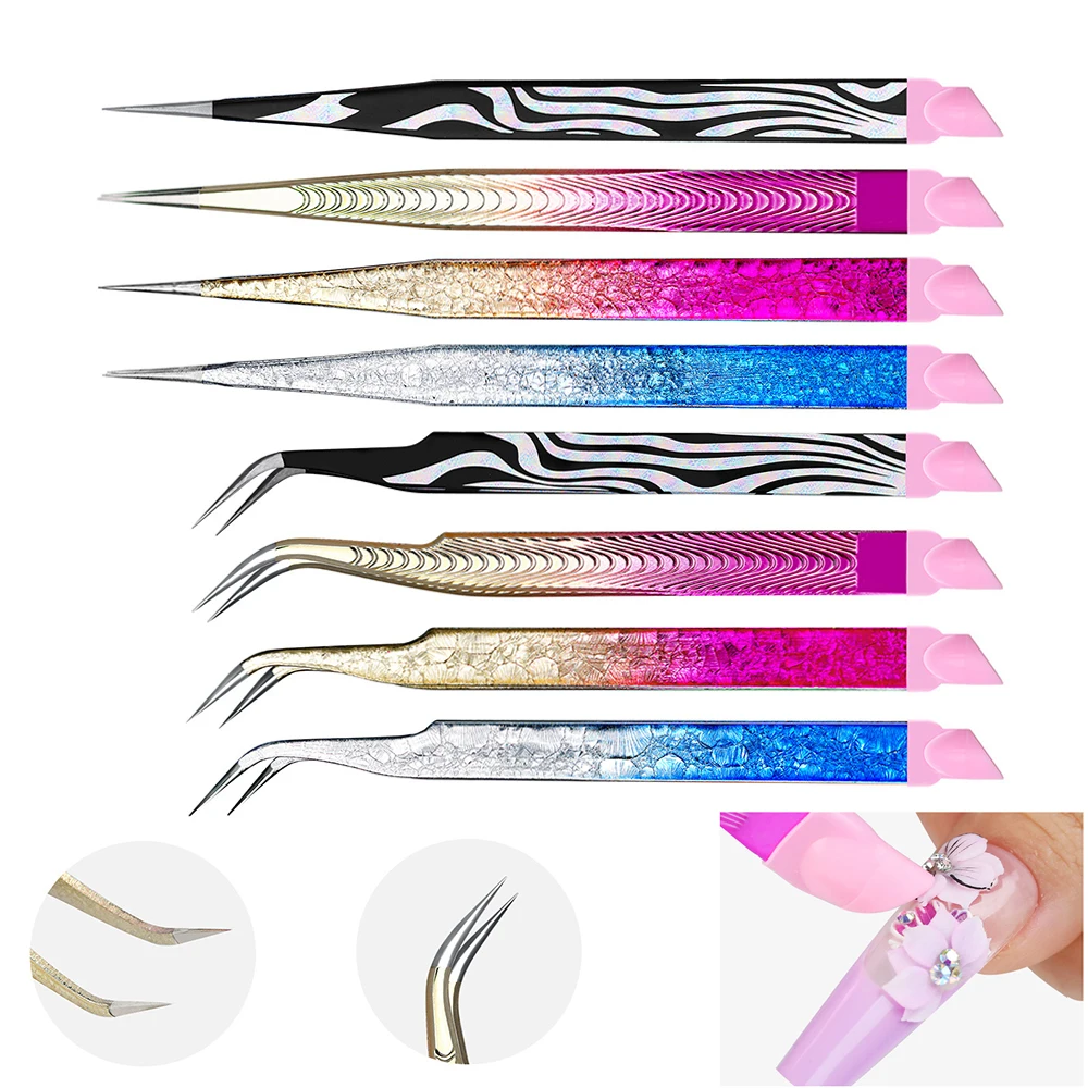 Double Ended Nail Art Pincet Roestvrijstalen Rechte Gebogen Tip Pincet Met Siliconen Drukkop Nagel Ambachten Picker Gereedschap