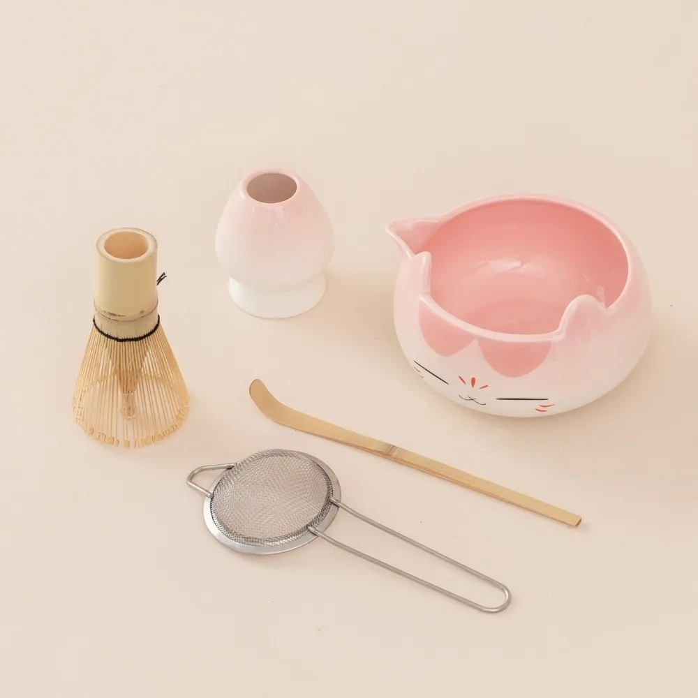 Juego de Té Matcha de Cerámica de 2/5/7 Piezas, Color Rosa, Juego de Cinco Piezas, Tazón de Té con Orejas de Gato, Caja de Regalo, Batidor de Bambú, Batidor de Té Japonés