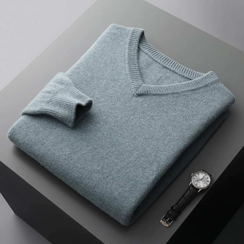 

Cashmere sweater men's V-neck sweater pullover solid color cashmere sweater in autumn and winter business casual bottoming close