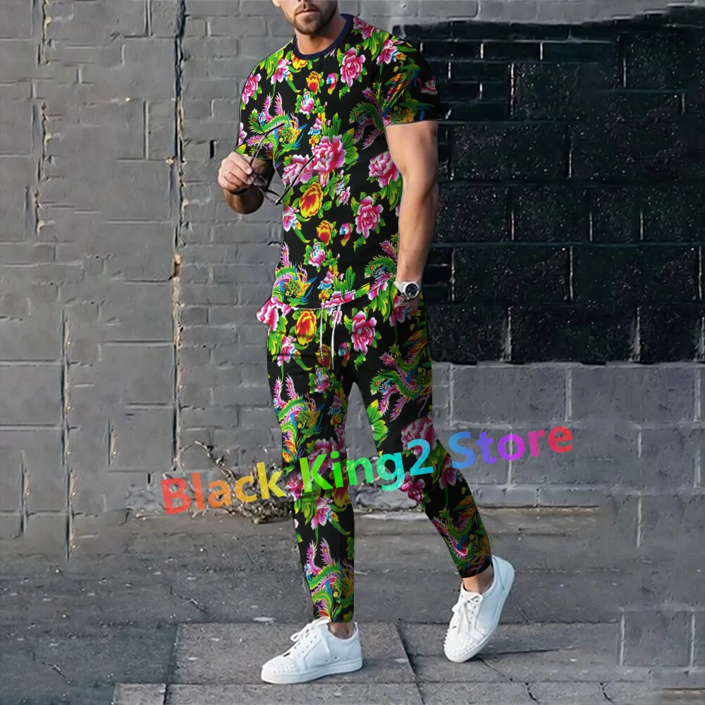 New Northeast Big Flower Design Clothing Chinese Style Men\'s Short Sleeve Tshirt Trousers Suit Two-piece Set Fashion Streetwear