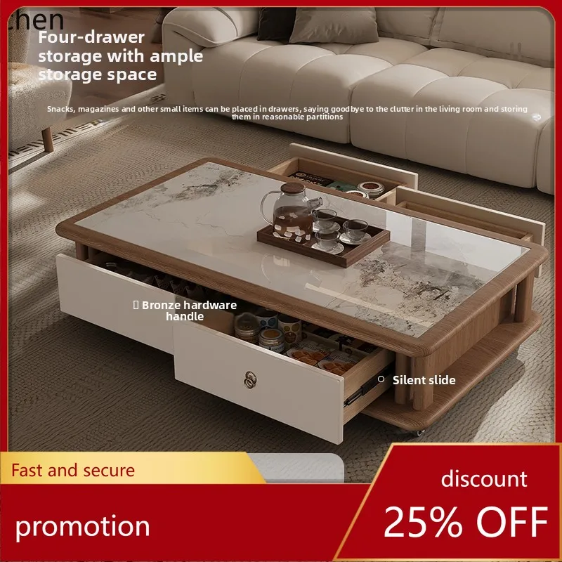 ZML Solid Wood Rock Slab Coffee Table Living Room Household Movable Rectangular Coffee Table
