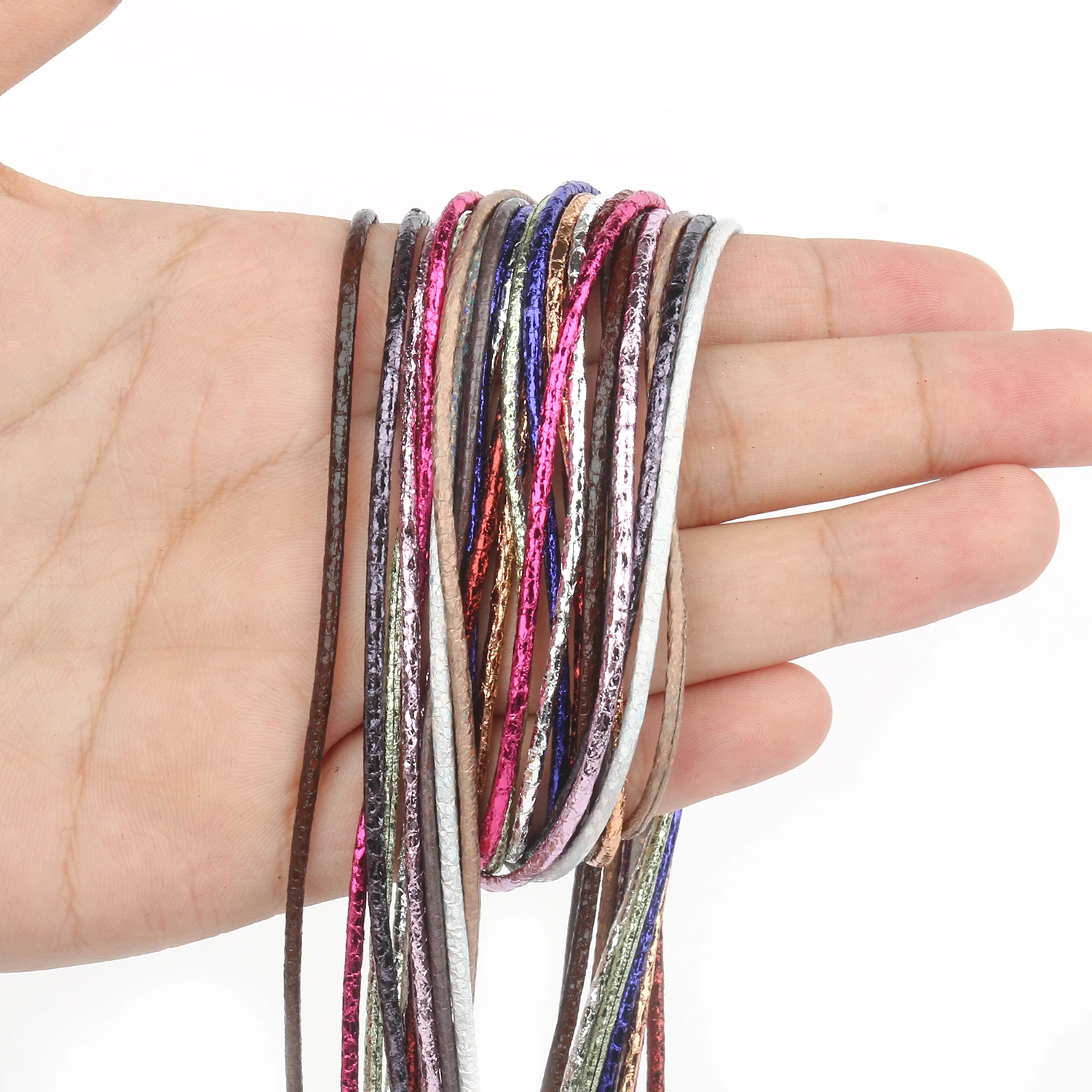 Cordão Redondo de Couro PU para Jóias, Corda Prateada e Preta Brilhante, Pulseira e Colar Artesanal, 5m, 2mm, 3mm