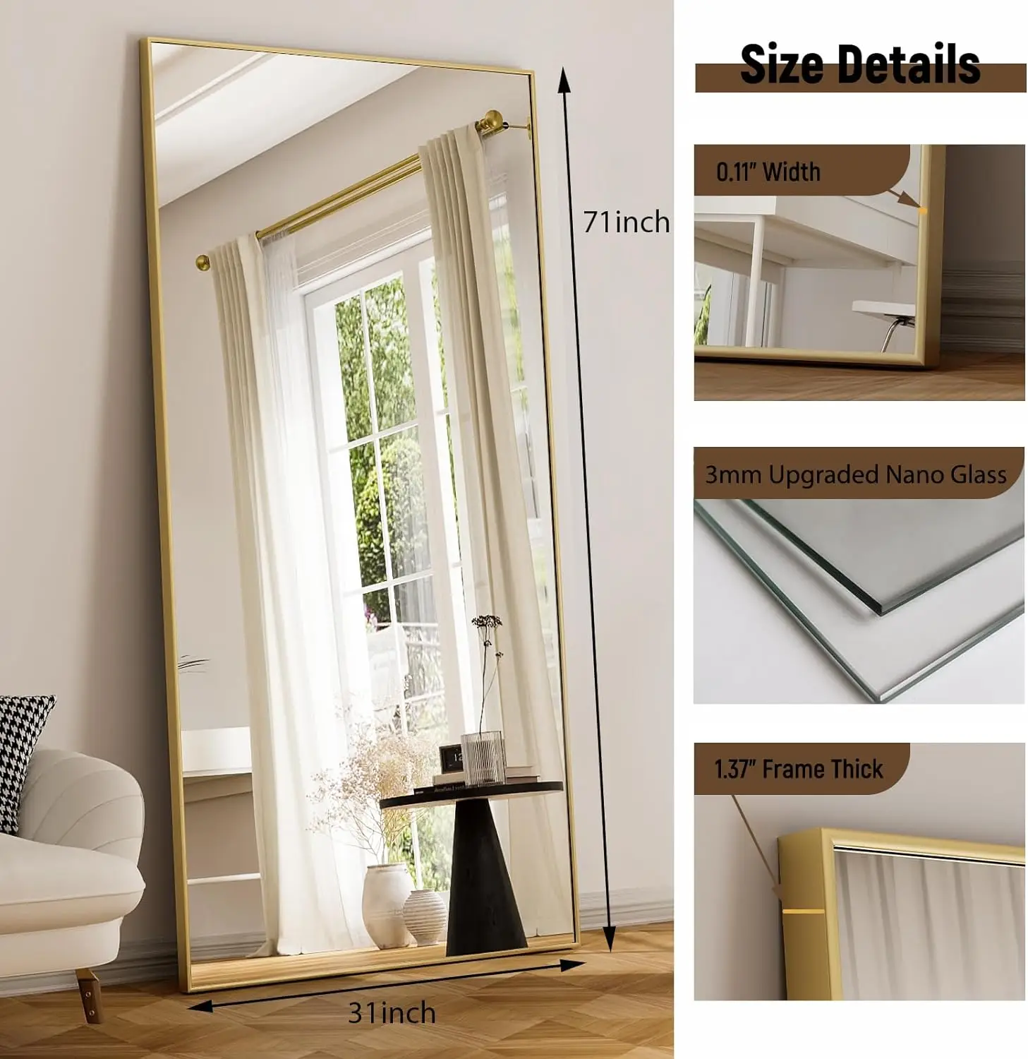 71"x30" Full Length Mirror Extra Large Hanging or Leaning Rectangle Mirror Aluminum Alloy Thin Frame Bedroom Floor Dressing